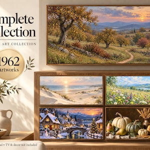 May include: A digital art collection for Frame TVs featuring 1962 artworks. The display shows a landscape with trees, a beach at sunset, a wildflower meadow, a snowy village scene, and a still life with pumpkins and pears in a wooden frame.