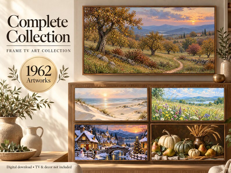 May include: A digital art collection for Frame TVs featuring 1962 artworks. The display shows a landscape with trees, a beach at sunset, a wildflower meadow, a snowy village scene, and a still life with pumpkins and pears in a wooden frame.