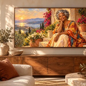 May include: A rectangular wall-mounted television displaying a vibrant landscape painting of a sunset over a coastal town with a person sitting on stone steps in the foreground, surrounded by colorful flowers, greenery, and a calm body of water.