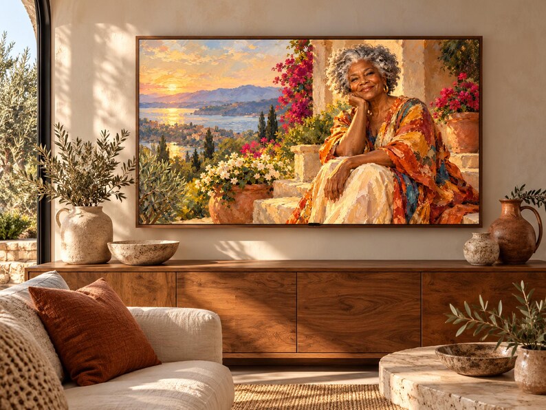 May include: A rectangular wall-mounted television displaying a vibrant landscape painting of a sunset over a coastal town with a person sitting on stone steps in the foreground, surrounded by colorful flowers, greenery, and a calm body of water.