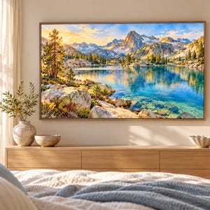 May include: A rectangular wall art print featuring a landscape of a clear blue lake surrounded by rocky shores, pine trees, and snow-capped mountains under a bright sky. The scene is illuminated by warm golden sunlight, reflecting on the water surface.