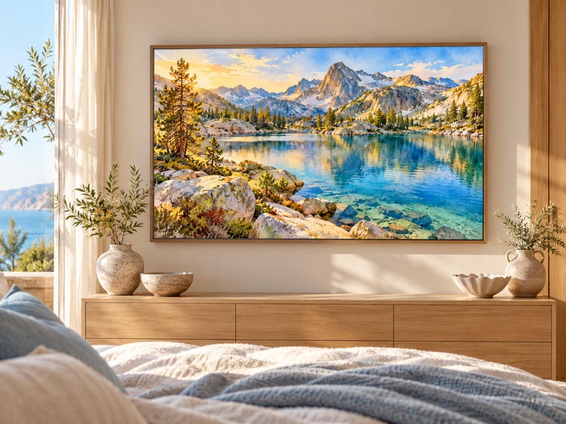 May include: A rectangular wall art print featuring a landscape of a clear blue lake surrounded by rocky shores, pine trees, and snow-capped mountains under a bright sky. The scene is illuminated by warm golden sunlight, reflecting on the water surface.