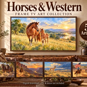 Puede incluir: Una colecci&oacute;n digital titulada Horses & Western Frame TV Art Collection con 57 obras de arte. La imagen principal muestra una yegua marr&oacute;n y su potro en un campo de hierba al atardecer. Cuatro paneles muestran caballos, un jinete en un ca&ntilde;&oacute;n, fauna y jinetes con banderas estadounidenses.