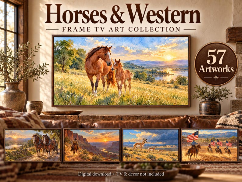 Puede incluir: Una colecci&oacute;n digital titulada Horses & Western Frame TV Art Collection con 57 obras de arte. La imagen principal muestra una yegua marr&oacute;n y su potro en un campo de hierba al atardecer. Cuatro paneles muestran caballos, un jinete en un ca&ntilde;&oacute;n, fauna y jinetes con banderas estadounidenses.