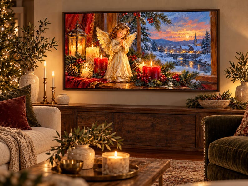 Puede incluir: Un cuadro rectangular que muestra una escena navide&ntilde;a con una figura de &aacute;ngel central, velas rojas y un farol. El fondo presenta un paisaje de pueblo nevado al atardecer, enmarcado por ramas de pino y bayas rojas, todo en un marco oscuro.