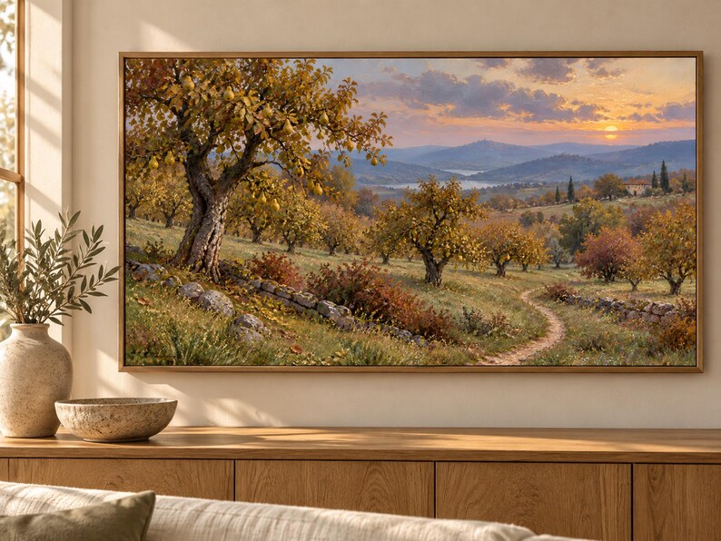 May include: A rectangular landscape painting in a wooden frame depicting an orchard with golden-leaved trees, a winding dirt path, and a stone wall under a sunset sky. The scene features rolling hills, distant mountains, and warm light.