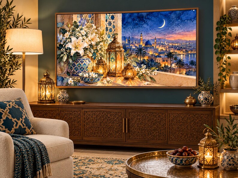 May include: A rectangular wall art print featuring a vibrant scene of a Middle Eastern city at twilight with a crescent moon, illuminated lanterns, and a vase filled with white lilies, all set against a deep blue sky and warm city lights.