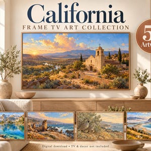 May include: A digital download collection titled California Frame TV Art Collection featuring 51 artworks. The display shows a landscape painting of a mission at sunset, with four smaller landscape prints below depicting a lake, seals, birds, and a beach.