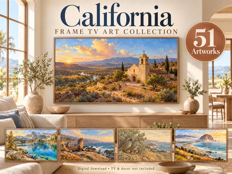 May include: A digital download collection titled California Frame TV Art Collection featuring 51 artworks. The display shows a landscape painting of a mission at sunset, with four smaller landscape prints below depicting a lake, seals, birds, and a beach.