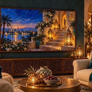 May include: A large rectangular wall art piece depicting a sunset over a coastal city with illuminated lanterns on stone steps, displayed in a living room with a wooden media console, a round coffee table, and a cream-coloured sofa with blue pillows.