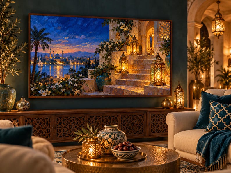 May include: A large rectangular wall art piece depicting a sunset over a coastal city with illuminated lanterns on stone steps, displayed in a living room with a wooden media console, a round coffee table, and a cream-coloured sofa with blue pillows.