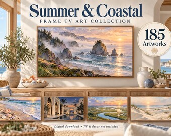 Paquete de imágenes para TV con marcos de estilo costero veraniego, 185 diseños de océano y playa (descarga digital 4K)