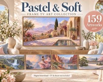 Paquete de 159 láminas decorativas para TV con marcos en tonos pastel, paisajes en rosa suave y abstracciones en tonos apagados (descarga digital).