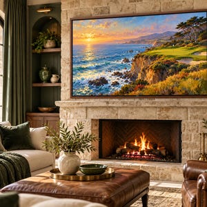 Puede incluir: Un televisor rectangular grande montado sobre una chimenea de piedra muestra una pintura de paisaje vibrante de un campo de golf costero al atardecer con luz dorada reflej&aacute;ndose en las olas del mar y los acantilados.