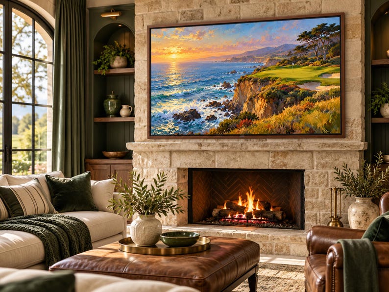 Puede incluir: Un televisor rectangular grande montado sobre una chimenea de piedra muestra una pintura de paisaje vibrante de un campo de golf costero al atardecer con luz dorada reflej&aacute;ndose en las olas del mar y los acantilados.