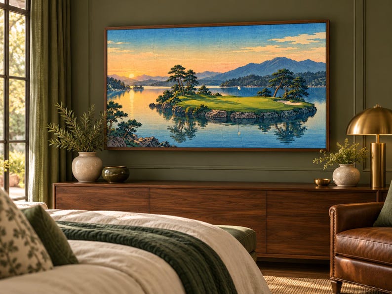 Puede incluir: Una impresi&oacute;n de arte mural rectangular que presenta un paisaje de un campo de golf en una isla rodeada de agua, con pinos, monta&ntilde;as distantes y un cielo al atardecer en tonos naranja, azul y amarillo, enmarcada en un borde de madera marr&oacute;n.