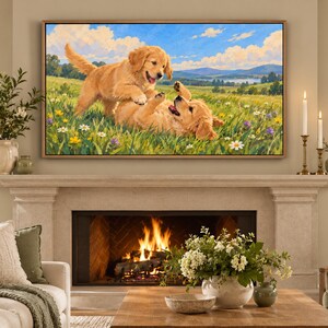May include: A rectangular wall art print featuring two golden retriever puppies playing in a vibrant green meadow filled with wildflowers under a bright blue sky with fluffy white clouds, framed in a light-colored wooden frame.