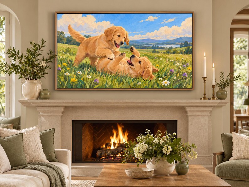 May include: A rectangular wall art print featuring two golden retriever puppies playing in a vibrant green meadow filled with wildflowers under a bright blue sky with fluffy white clouds, framed in a light-colored wooden frame.