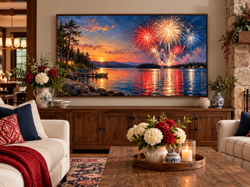 May include: A large rectangular wall art print featuring a vibrant sunset over a lake with colorful fireworks exploding in the sky. The scene includes a dark shoreline with trees, a small boat on the water, and reflections of the fireworks on the lake.