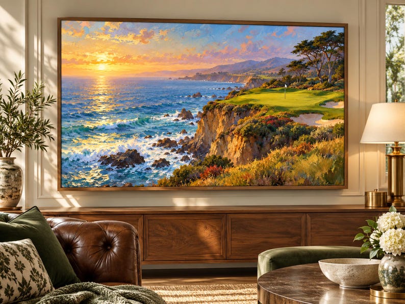 Puede incluir: Un cuadro rectangular de pared que representa un campo de golf costero al atardecer. La escena muestra un sol naranja brillante sobre un oc&eacute;ano azul con olas, acantilados rocosos y una calle verde con b&uacute;nkeres de arena bajo un cielo colorido.
