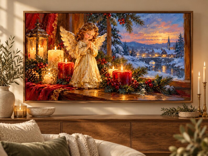 Puede incluir: Un cuadro rectangular de pared que muestra la pintura de un &aacute;ngel con alas doradas y las manos juntas en oraci&oacute;n. La escena incluye velas rojas y blancas, ramas de pino y un farol, frente a un paisaje de pueblo invernal nevado.