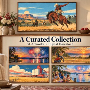 May include: A digital download collection of 51 artworks featuring a cowboy riding a bucking horse, fireworks over a lake, children playing baseball, a red train by a grain elevator, and a family picnic by the water at sunset with text.