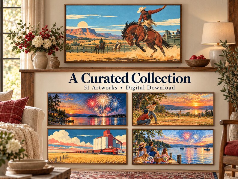 May include: A digital download collection of 51 artworks featuring a cowboy riding a bucking horse, fireworks over a lake, children playing baseball, a red train by a grain elevator, and a family picnic by the water at sunset with text.
