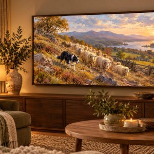 May include: A large rectangular television screen mounted on a wall displays a landscape painting of a black and white sheepdog herding a flock of sheep across a grassy hillside with mountains, a lake, and a sunset sky in the background.