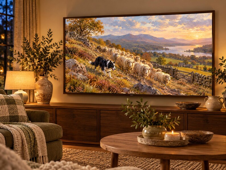 May include: A large rectangular television screen mounted on a wall displays a landscape painting of a black and white sheepdog herding a flock of sheep across a grassy hillside with mountains, a lake, and a sunset sky in the background.