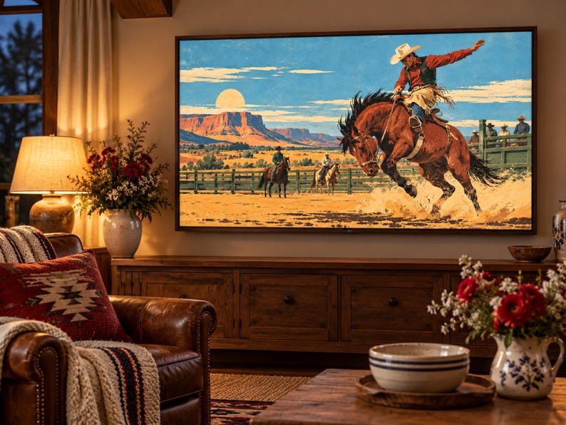 May include: A large rectangular television screen displaying a vibrant painting of a cowboy riding a bucking brown horse in a desert landscape with mesas, a bright sun, and a wooden fence, mounted on a wall above a wooden media console cabinet.