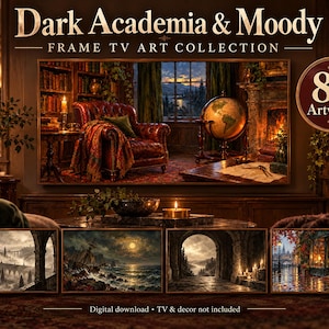 以下が含まれることがあります： Dark Academia & Moody Frame TV Art Collectionと題された80点のデジタルアートコレクション。レザーチェアと地球儀のある書斎を表示する大型スクリーンと、その下に4つの風景画のサムネイル画像が配置されています。