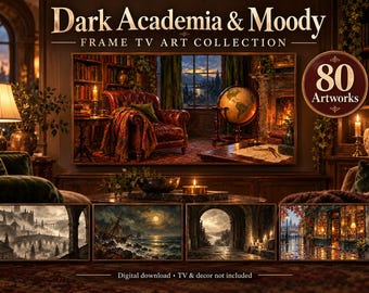 Puede incluir: Una colección digital de 80 obras titulada Dark Academia & Moody Frame TV Art Collection, que muestra una pantalla grande con un interior de biblioteca, sillón de cuero y globo terráqueo, además de cuatro miniaturas de paisajes.