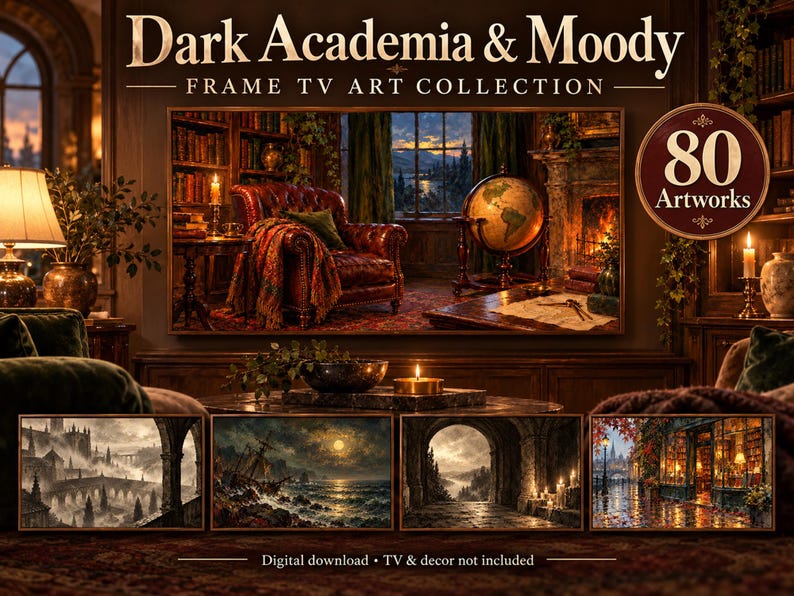 以下が含まれることがあります： Dark Academia & Moody Frame TV Art Collectionと題された80点のデジタルアートコレクション。レザーチェアと地球儀のある書斎を表示する大型スクリーンと、その下に4つの風景画のサムネイル画像が配置されています。