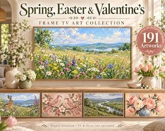 May include: A digital collection of 191 artworks for a frame TV, featuring the text Spring, Easter & Valentine's Frame TV Art Collection. The display shows a landscape painting of a wildflower meadow, with smaller panels depicting a hare, birds, a river, and flowers.