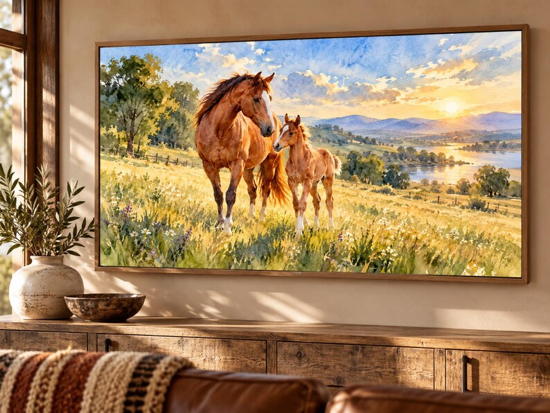 Puede incluir: Un cuadro rectangular con marco de madera que muestra una pintura en acuarela de una yegua marr&oacute;n y su potro en un prado. El fondo presenta colinas, un r&iacute;o tranquilo y un cielo brillante durante la puesta de sol con nubes.