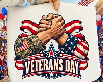 退役軍人の日の握手グラフィックPNG - 愛国的な軍隊とアメリカ国旗のSVG、兵士の団結ベクター、兄弟愛と自由のクリップアート、Tシャツデザイン