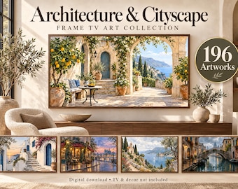 May include: A digital collection titled Architecture & Cityscape Frame TV Art Collection featuring 196 artworks. The main image displays a Mediterranean terrace with lemon trees and stone arches, while four smaller panels show coastal and city scenes.