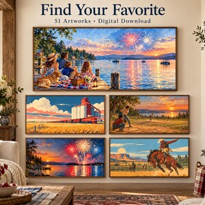 May include: A collection of five rectangular landscape artworks featuring scenes of a family by a lake with fireworks, a red train by a grain elevator, a baseball game at sunset, a night lake with fireworks, and a cowboy riding a horse.