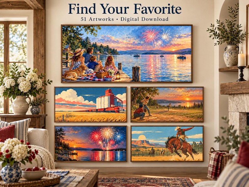 May include: A collection of five rectangular landscape artworks featuring scenes of a family by a lake with fireworks, a red train by a grain elevator, a baseball game at sunset, a night lake with fireworks, and a cowboy riding a horse.