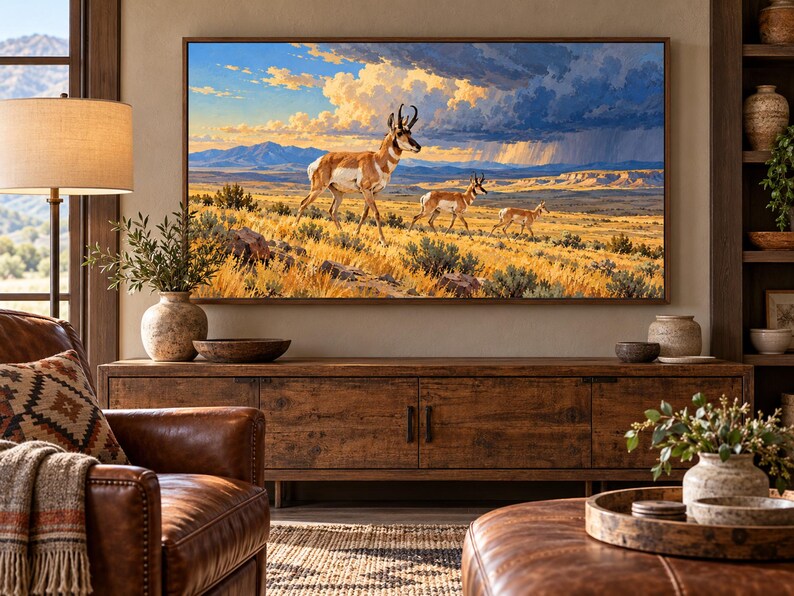 Puede incluir: Una impresi&oacute;n de arte mural rectangular que presenta un paisaje con tres ant&iacute;lopes americanos caminando por un campo de hierba dorada bajo un cielo dram&aacute;tico con nubes de tormenta y monta&ntilde;as lejanas, enmarcado en un borde de madera oscura.