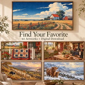 Puede incluir: Una colecci&oacute;n de descarga digital con 92 obras de arte, que incluye un paisaje con una casa de techo rojo, un porche con una colcha, una cocina r&uacute;stica, un reba&ntilde;o de ovejas en un valle y ganado de las Tierras Altas en una monta&ntilde;a nevada, titulada Find Your Favorite.