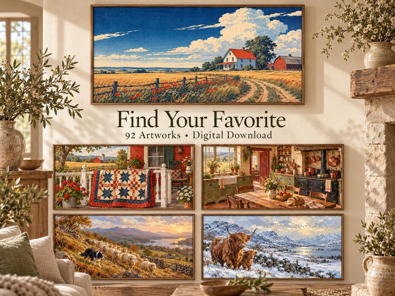 Puede incluir: Una colecci&oacute;n de descarga digital con 92 obras de arte, que incluye un paisaje con una casa de techo rojo, un porche con una colcha, una cocina r&uacute;stica, un reba&ntilde;o de ovejas en un valle y ganado de las Tierras Altas en una monta&ntilde;a nevada, titulada Find Your Favorite.