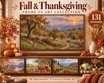 Puede incluir: Una colección digital de 131 obras de arte para TV Frame con temática de otoño y Acción de Gracias, incluyendo paisajes y huertos. La imagen muestra una pintura central de un atardecer sobre una colina y cuatro paneles inferiores.