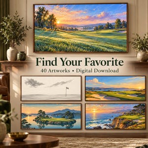 Puede incluir: Una colecci&oacute;n de descarga digital con 40 obras de arte de paisajes de campos de golf. La imagen muestra cinco escenas distintas, incluyendo un atardecer sobre un green, un boceto de una bandera y vistas costeras, con el texto Find Your Favorite.