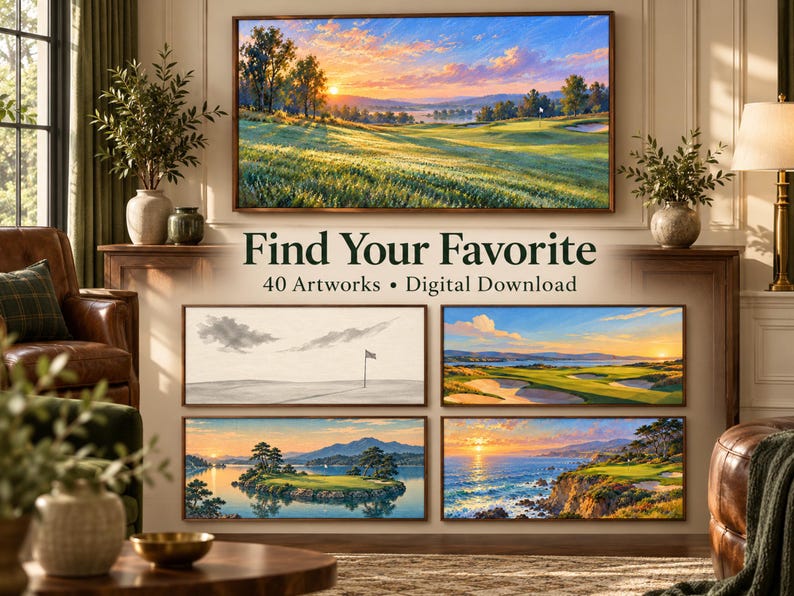 Puede incluir: Una colecci&oacute;n de descarga digital con 40 obras de arte de paisajes de campos de golf. La imagen muestra cinco escenas distintas, incluyendo un atardecer sobre un green, un boceto de una bandera y vistas costeras, con el texto Find Your Favorite.