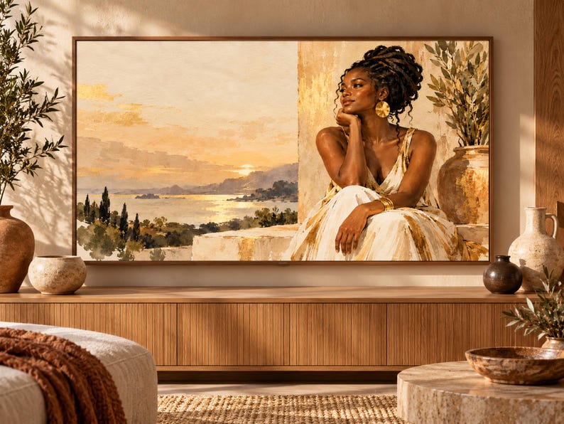May include: A rectangular television screen displaying a digital painting of a person with dark hair in an updo, wearing a light-colored dress, sitting near a stone wall. The background shows a coastal landscape at sunset with golden light.