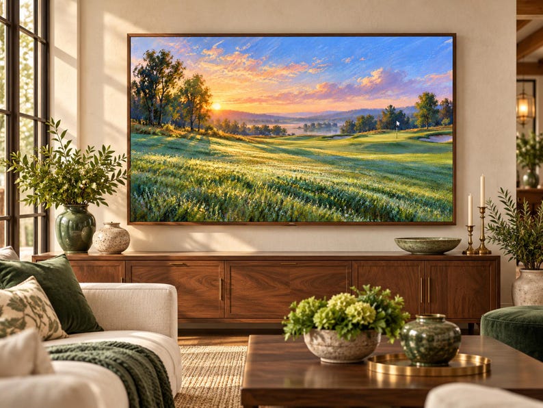 Puede incluir: Una gran pantalla de televisi&oacute;n rectangular montada en la pared muestra una pintura de paisaje de un campo de golf al amanecer con luz dorada, hierba verde y &aacute;rboles bajo un cielo azul y naranja, situada sobre un mueble multimedia de madera.