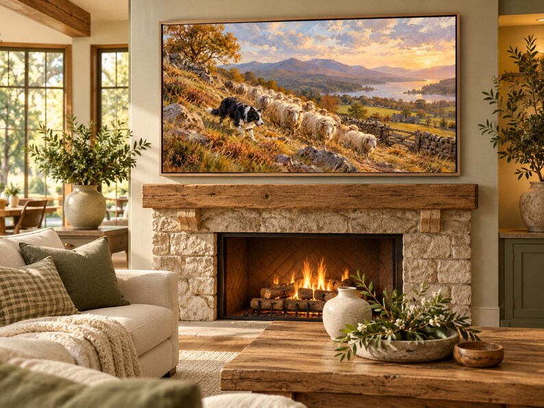 May include: A rectangular wall-mounted television displaying a landscape painting of a border collie herding sheep on a grassy hillside, with a lake and mountains in the background, positioned above a stone fireplace with a wooden mantel.