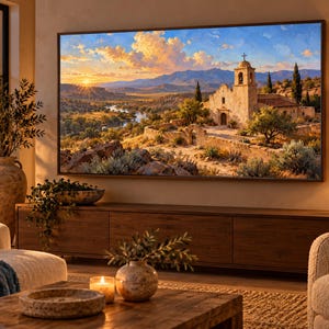 May include: A large rectangular television screen mounted on a wall displays a landscape painting of a stone mission church with a bell tower, set against a sunset sky, mountains, and a river valley with desert vegetation.