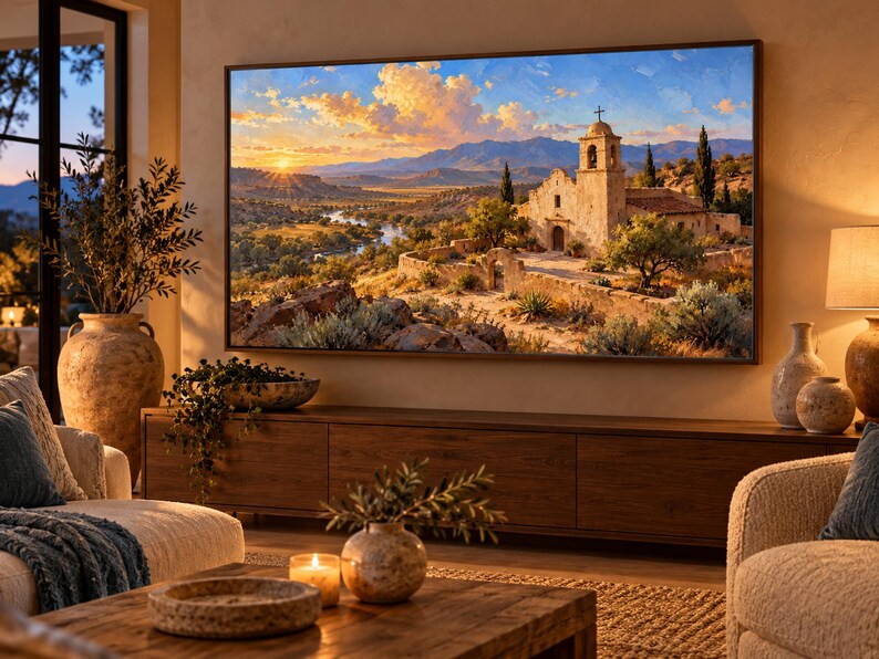 May include: A large rectangular television screen mounted on a wall displays a landscape painting of a stone mission church with a bell tower, set against a sunset sky, mountains, and a river valley with desert vegetation.